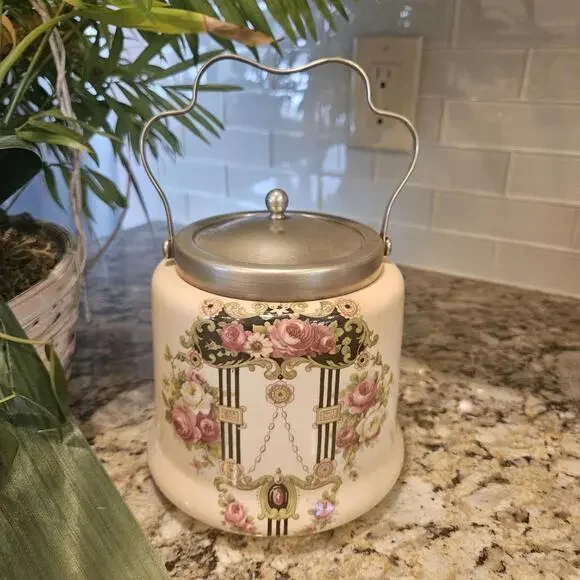 Antique British Bristolia Ceramic Biscuit Barrel With EPNS Lid And Handle - Picture 1 of 10